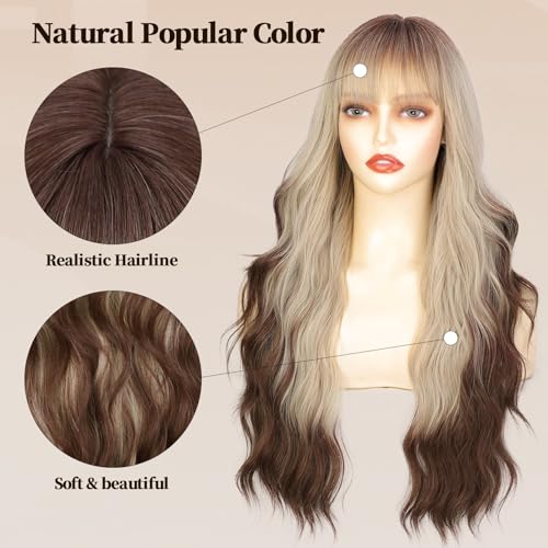 image for Lativ Ombre Blonde Brown Wig with Bangs Long Wavy Curly Wig with Brown