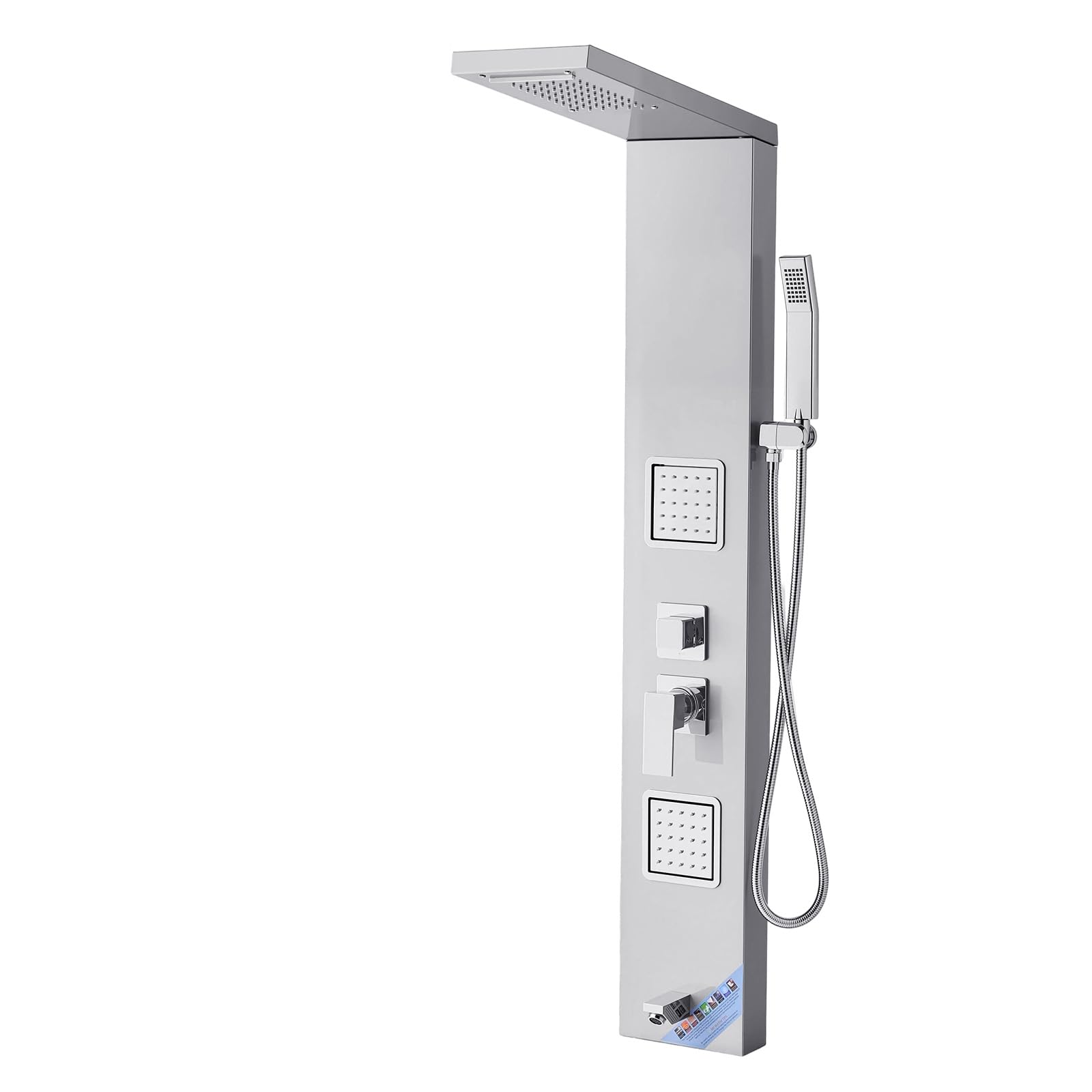 VEVOR Sistema de Ducha con Panel Tipo Torre y Cabezal Tipo Cascada, Acero Inoxidable, Grifo de 5 Funciones, con 2 Chorros Corporales, ducha de Mano y Caño de Bañera, 1345 x 200 x 460 mm, Plata