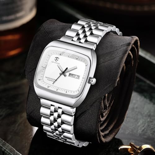 Image of Mens Watch, Luxury Casual Watches for Men, Waterproof Analog Quartz Watch - Men's Stainless Steel Watch with Stylish Rectangular Dial, Luminous Hands, Date & Day Display - Great Gift for Men