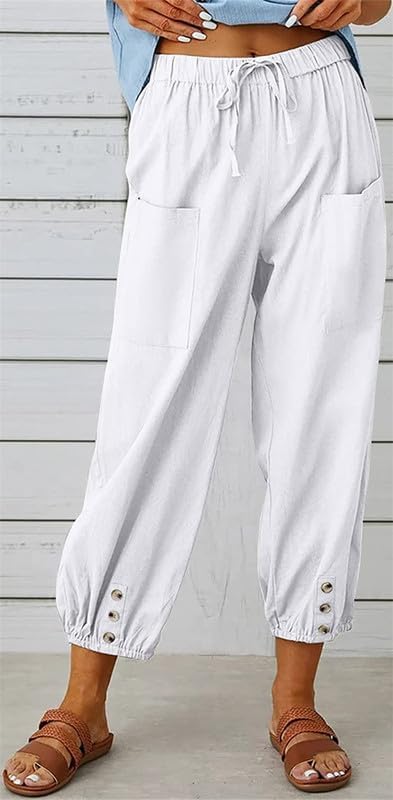 Womens Capri Pants Cotton Linen Cropped Trousers Summer Wide Leg Drawstring High Waist Palazzo Pants with Pockets - Image 2