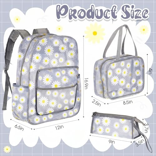 Image of Silkfly 3 Pcs Mesh Backpack Set, Heavy Duty Semi-transparent Bookbag with Lunch Bag Pencil Case for Travel, Beach, Sports