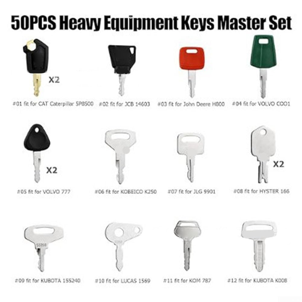 Heavy Equipment Jeu de clés d'allumage 55 pièces pour engins de chantier, compatible avec chat et chenille, clés métalliques sur anneau réglable