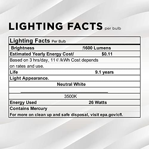 Sleeklighting 26 Watt T4 Tri Tube Cfl 4 Pin Gx24Q-3 Base Light Bulb 3500K 1600Lm - Compact Fluorescent -Neutral White Light 4Pack #TOP7