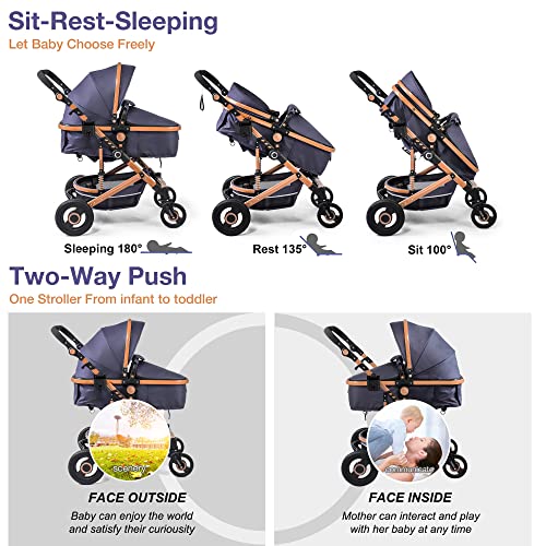 Color Tree 2 In 1 Baby Stroller, High Landscape Infant Stroller, Newborn Reversible Bassinet Pram, Foldable Pushchair With Foot Cover, Cup Holder, Safety Wrist, Net (Navy Blue) #TOP1