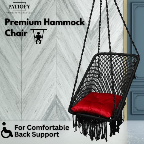 Image of Patiofy Premium Rectangle Shape Swing for Adults for Home /Jhula for Adults /Swing for Balcony /Includes Hanging Kit & Red Sitting Square Cushion (Black)