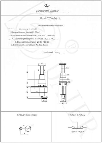 KFZ-Taster 20A 12VDC ON-OFF Öffner, Tür, Kofferraum, Motorhaube, Alarm, ASW-19