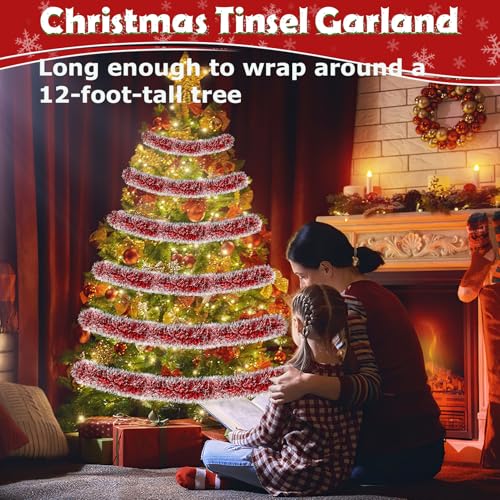 Image of 50ft Red&White Christmas Tinsel Garland Christmas Tree Garland Decorations Metallic Tinsel Glitter Twist Garlands Hanging Streamers for Indoor Xmas Holiday Decor