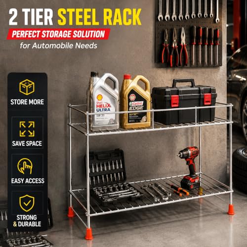 Image of GLUN Heavy-Duty 2-Tier Automotive Storage Rack, Metal Garage Organiser Shelf for Car Tools, Spare Parts, Cleaning Supplies & Workshop Utility Stand, Rust-Resistant Multi-Purpose Storage Accessories
