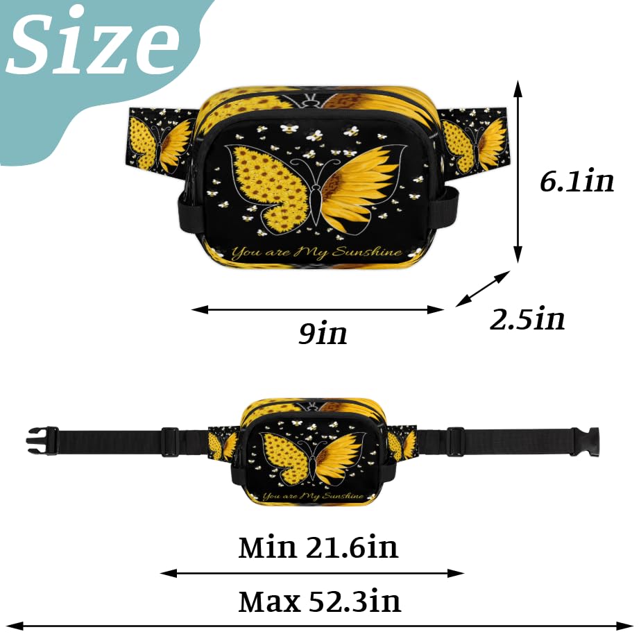 Sunflower Butterflies Bees Waterproof Fanny Pack for Women Men Adjustable Waist Bag with Double Zipper Pockets Lightweight Square Hip Pack for Running Travel Hiking Workout Cycling