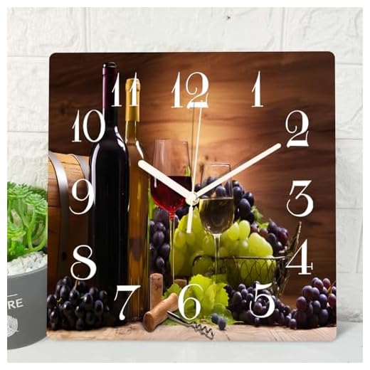 ArtSocket Wooden Wall Clock Silent Non-Ticking, Red Wine Grapes Farmhouse Modern Square Rustic Wall Clocks Decor for Home Kitchen Living Room Office, Battery Operated(12 Inch)