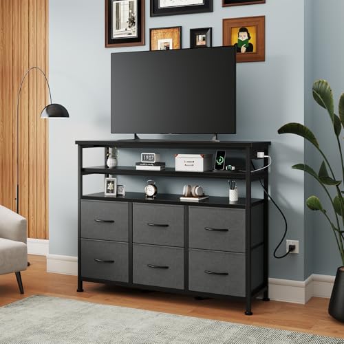 Image of NEWBULIG Dresser TV Stand with 6 Fabric Drawers and 2 Shelves, TV Media Console Table for Up to 45 inch, Entertainment Center with Charging Station for Living Room Bedroom, Grey