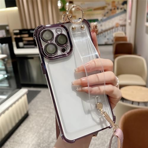Coque transparente iPhone 14 Pro lanière et bracelet cuir pour garder les mains libres
