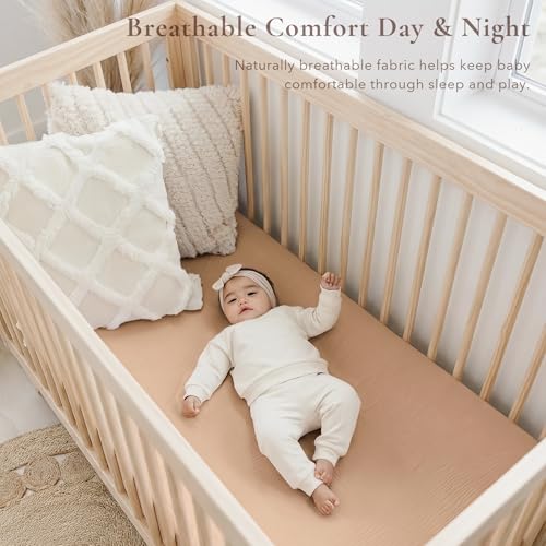 Image of Konssy Muslin Crib Sheets 2 PCS 100% Cotton Baby Crib Sheets for Standard Crib Mattress (28 inch x 52 inch), Soft and Breathable for Boys, Girls (Toffee, Flourish)