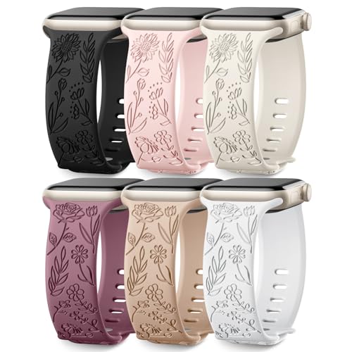 Image of SNBLK 6 Pack Floral Engraved Bands Compatible with Apple Watch Bands 40mm 41mm 42mm 38mm 44mm 45mm 46mm 49mm Women Men, Silicone Flower Pattern Strap for iWatch Series 11 10 Se Ultra 9 8 7 6 5 4 3 2 1