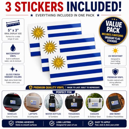 Image of Uruguay Vinyl Flag Stickers, Car Decals, Waterproof Indoor Outdoor, Laptop Stickers, Car Bumper, Uruguayan Flag, 5 x 3 Inches, Set of 3
