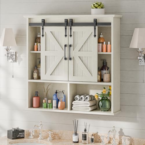 Image of Vabches Bathroom Wall Cabinet, Farmhouse Medicine Cabinet, White