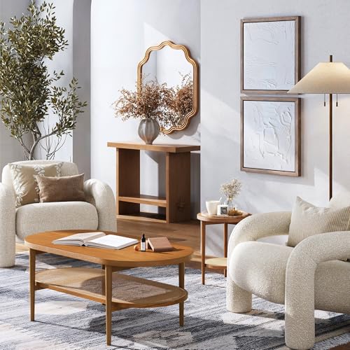 Image of Sonia Bohemian 2-Tier Oval Coffee Table, Living Room Cane Table with Storage Shelf and Mid-Century Legs in Honey Brown Wood with Rattan Accent