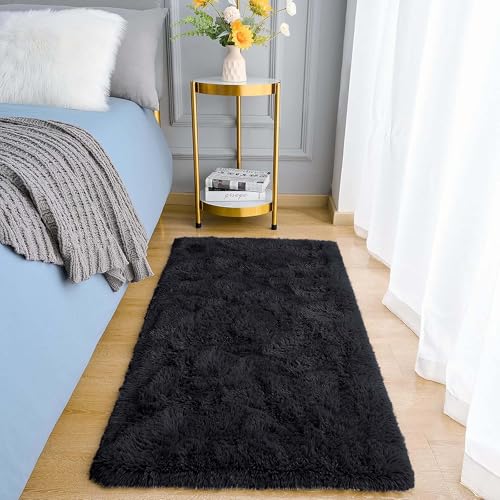 Aspire Homeware Black Rugs Living Room - Small Area Rugs 50x80cm for Bedroom Fluffy Modern Shaggy Rug Soft Non Slip Thick Pile