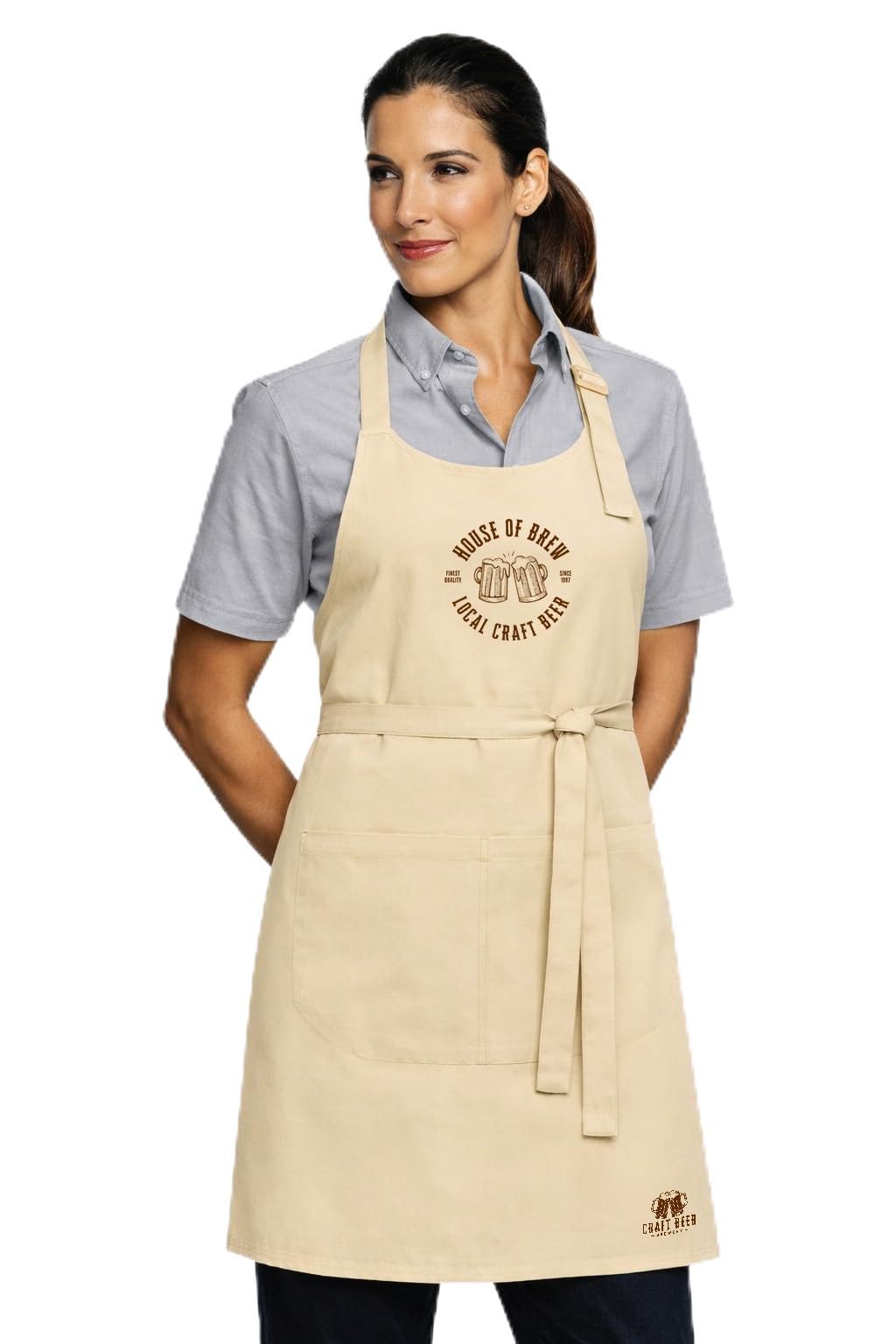 NXT-Horizon Custom Logo Apron, Personalised Restaurant & Catering Apron, Adjustable Neck Strap, Large Pocket, Cotton Twill Hospitality Uniform for Bar, Café, Brewery & Kitchen Staff (Natural)