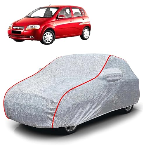 Image of Sulfar 100% Waterproof Car Body Cover Compatible with Mirror for Chevrolet Aveo UVA (Triple Stitched, Full Bottom Elastic, Magic Silver with Red Piping)