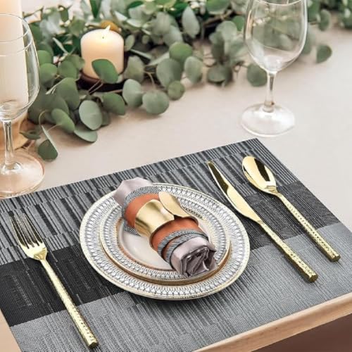 Image of Potency Table Mats Set of 6, Woven Placemats for Dining Table, Heat-Resistant, Stain-Resistant, Anti-Skid, Washable Table Mats, Vinyl Placemats for Dining, Kitchen & Restaurant Table (A Black Grey)