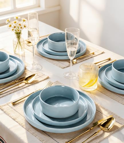 Image of AmorArc Ceramic Dinnerware Set for 4 | Speckled Stoneware Plates and Bowls with unglazed terracotta | Scratch Resistant, Dishwasher & Microwave Safe Dishes Sets- 12-Pcs Blue