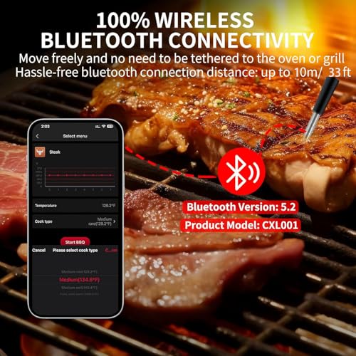 Smart Wireless Meat Thermometer | Short-Range Bluetooth Monitoring | APP Real-Time Tracking | iOS/Android Compatible | for Open BBQ/Grill Only | Heat-Resistant Probes