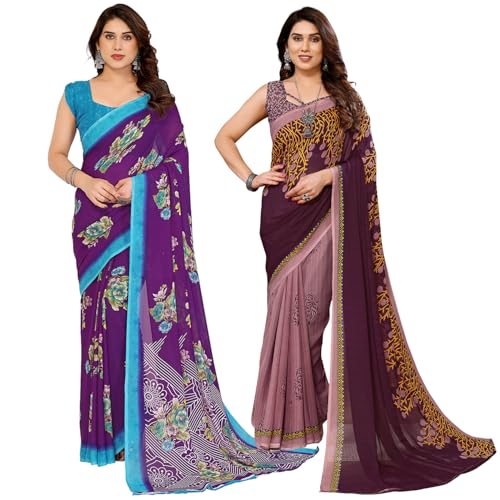 Image of KASHVI SAREES Women's Printed Georgette Saree With Unstitched Blouse Piece (Pack Of 2) -P2 1813 7 1108 3