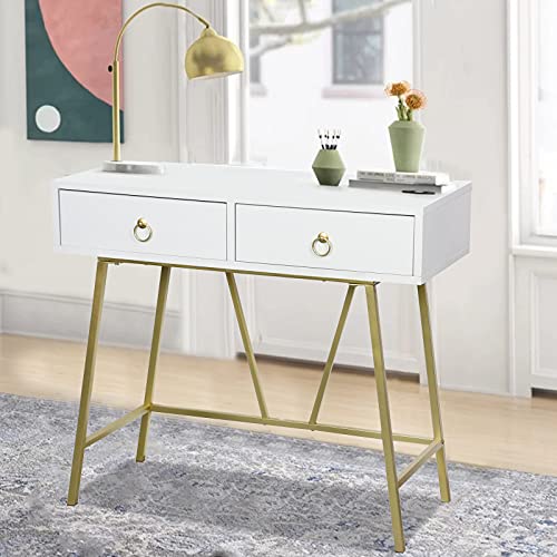 Anmytek Modern Home Office Desk, 35.4 Inch Makeup Vanity Table White Study Desk 2 Drawers Writing Desk Computer Desk With Golden Legs, D0002 #TOP6
