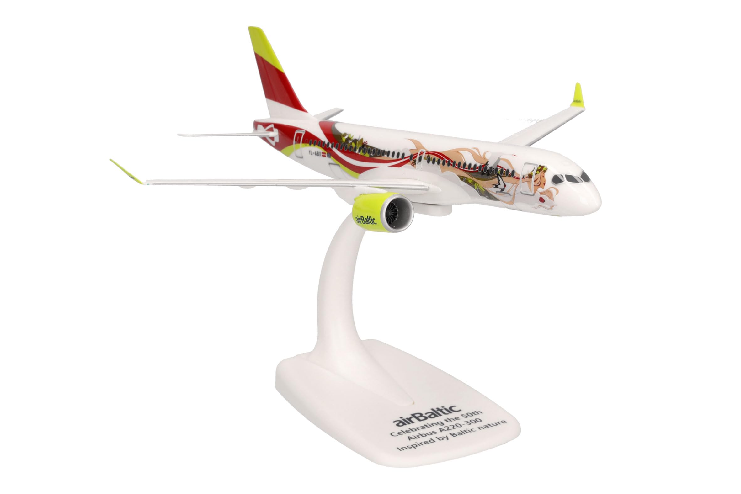 Herpa Snap-Fit modèle réduit Avion airBaltic Airbus A220-300 50th A220 - YL-ABX, Miniature à l’échelle 1:200, pièce de Collection, modèle avec Socle, Plastique