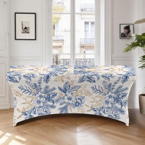 Highdi Mantel Elástico de Spandex para Mesa Rectangular de 122/183/244cm - Funda Ajustable Sin Arrugas, Ideal para Bodas, Fiestas de Cumpleaños y Catering (Blaue Blüten,6FT)