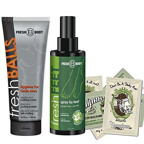 Fresh Body FB To-Go Bundle: Fresh Balls Anti-Chafing Cream for Men 3.4oz, Fresh Feet Foot Odor Spray 4 Fl Oz. and Asswipes Individually Wrapped Cleansing Packets, 15 Count