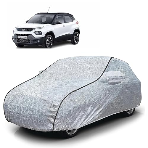 Image of Sulfar 100% Waterproof Car Body Cover Compatible with Mirror for Tata Punch (Triple Stitched, Full Bottom Elastic, Magic Silver with Black Piping)