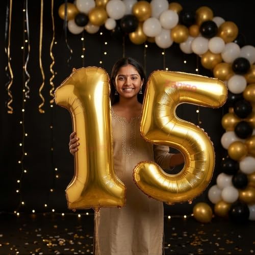 Image of Balloonistics Gold 40-Inch Foil Number 15 Balloon - Fill with Helium or Air for 15th Birthday, Anniversary Party Decoration, Photo Booth Backdrop, Cake Table Decor