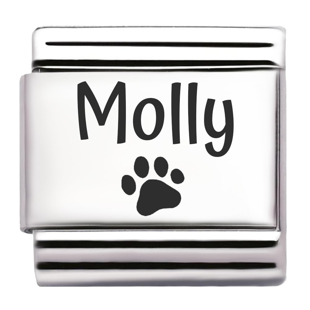 Pet Paw Name Personalised Custom Engraved Italian Charm Fits All 9mm Bracelet Links. Dog or Cat (Molly)