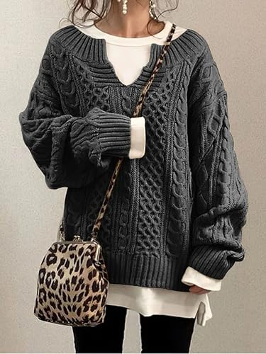 TIAFORD Womens Chunky V Neck Long Sleeve Cable Knit Sweater Casual Loose Fall Winter Sweaters for Women 20242