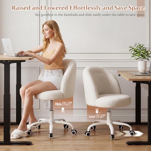 Image of DurayLoly Vanity Chair, Soft Teddy Fleece Makeup Chair with Silent Wheels, Height Adjustable & 360 Swivel, Space-Saving Armless Design, Cream White