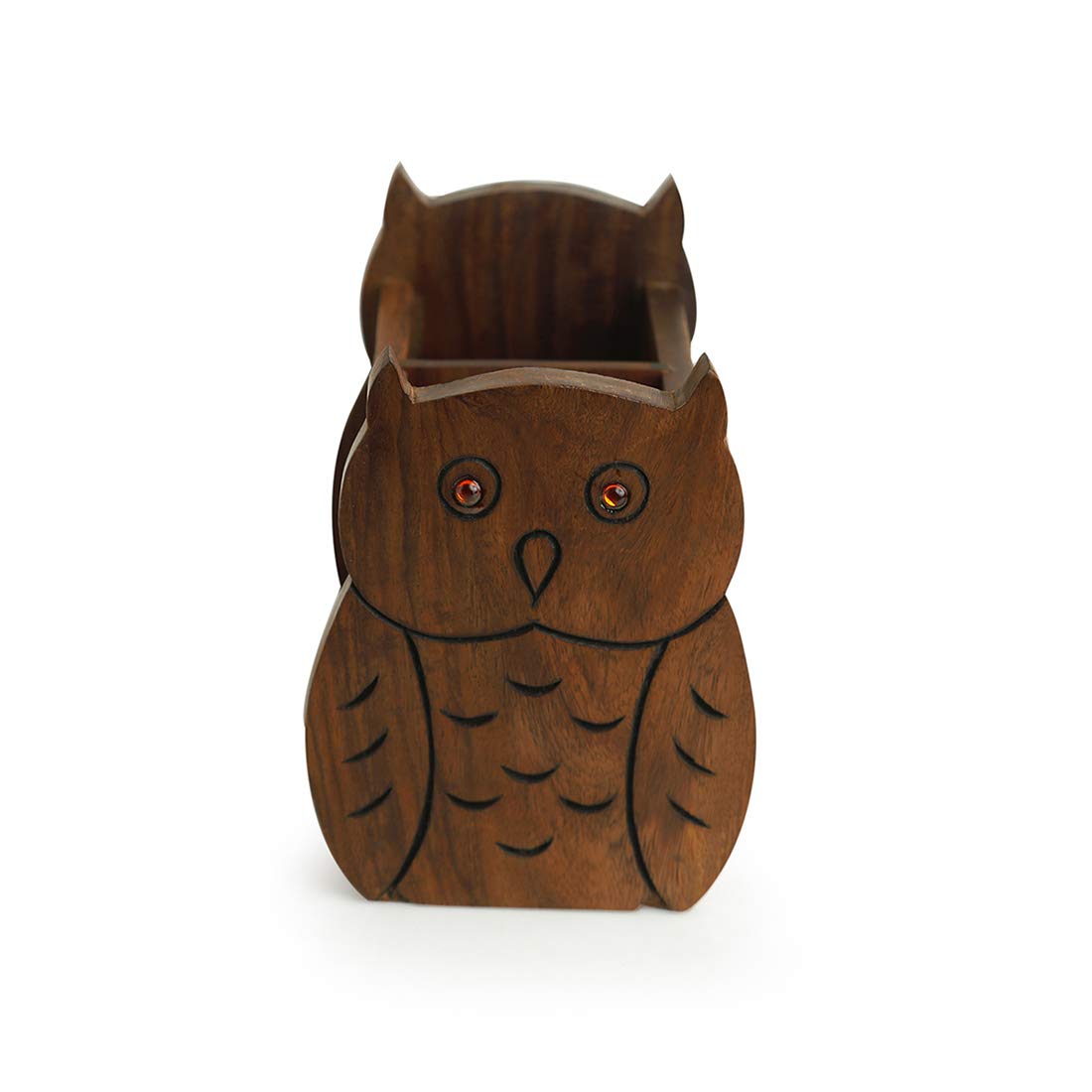 ExclusiveLane 'The Delightful Owls' Cutlery Cum Stationery Holder In Sheesham Wood - Cutlery Stand for Kitchen Dining Table Wooden Cutlery Spoon Stand Napkin Tissue Holder Kitchen Organiser Tableware 1