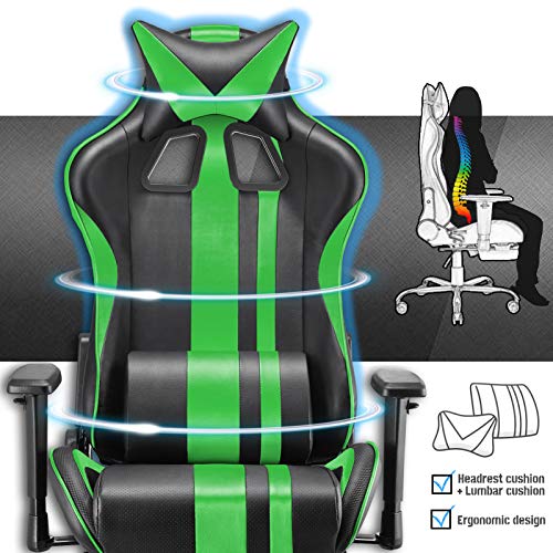 Soontrans-Silla-Gamer-Ergonomica-Silla-Gaming-Oficina-Racing-Sillon-Gamer-Despacho-Profesional-con-Reposapies-Soporte-Lumbar-Reposacabezas-Altura-Ajustable-Reposabrazos-Verde
