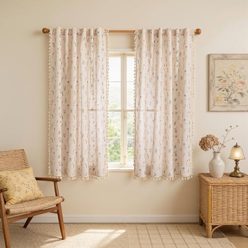 Image of MYSKY HOME Floral Semi Sheer Curtains 63 Inch Length 2 Panels Linen Blend Spring Farmhouse Drapes with Tassel Back Tab for Girls Bedroom Nursery Vintage Rustic Flower Patterned, W50, Dusty Pink