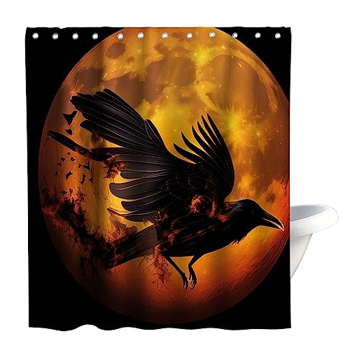 Final Friday Black Raven Shower Curtain Crow Full Moon Theme Fabric Sets Bathroom Halloween Gothic Decor With Hooks Waterproof Washable Gold And Yellow 72Wx72H Inches #TOP22