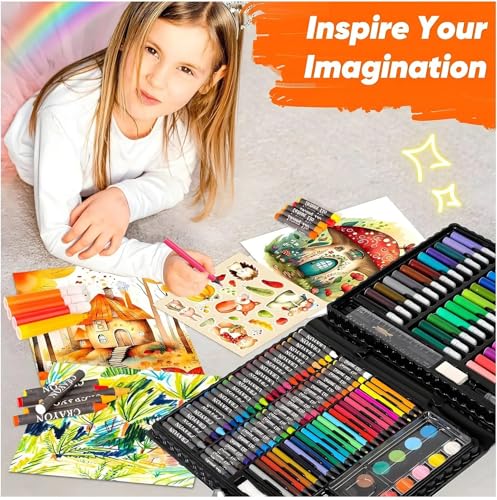 Image of Prime Brands 150-Piece Kids Art Supplies Set with Carry Case - Drawing & Painting Kit for Boys & Girls | Includes Markers, Crayons, Oil Pastels, Watercolors, Colored Pencils | Gift for Kids