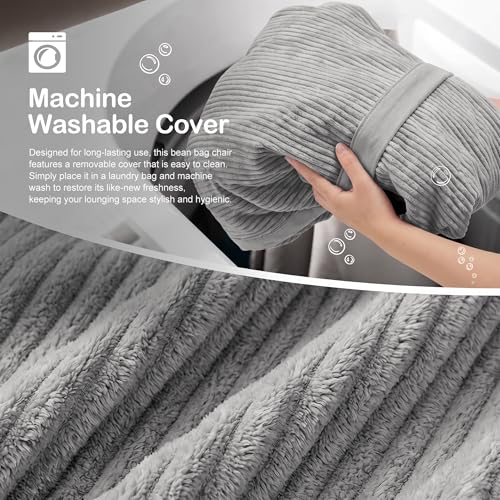 Image of 4FT Bean Bag Chair 4'Big Bean Bag Chairs with Adults, Large Beanbag Chair | Bean bag Lounger with Machine Washable Cover Corduroy Fabric, Comfy Chairs for Living Room Bedroom Dorm, Lightgrey