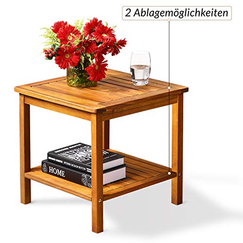 Casaria Beistelltisch Gartentisch Akazienholz wetterfest 2 Ablageflächen Massiv 45x45x45cm Balkon Holztisch Blumenhocker… – Bild 4