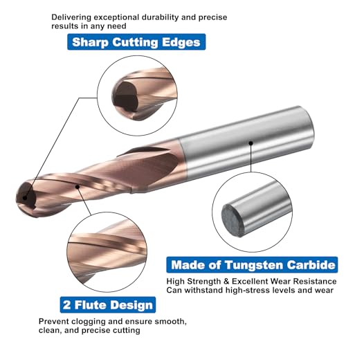 Image of HARFINGTON Ball Nose End Mill 2 Flute 21 /64 inch Diameter 3 /8 inch Shank Tungsten Carbide Uncoated Spiral CNC Router Bits 7 /8 inch Cutting Length Single End Ball for Carving Engraving Grinding