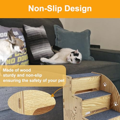 Haustiertreppe,Treppe 3 Stufen,Katzentreppe aus natürlichem Holz,35cm Tiertreppe,Stabil und rutschfest,Katzentreppe Hunderampe für kleine,mittelgroße und große Hunde