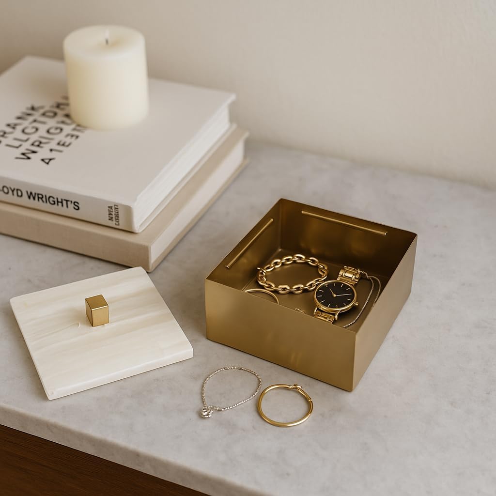 Decorative Square Storage Box with Lid for Living Room Decor - Versatile Decor Box for Jewelry, Keepsake, and Storage Accent - Stylish Home Organizer for Shelf or Console Table - 4", White & Gold