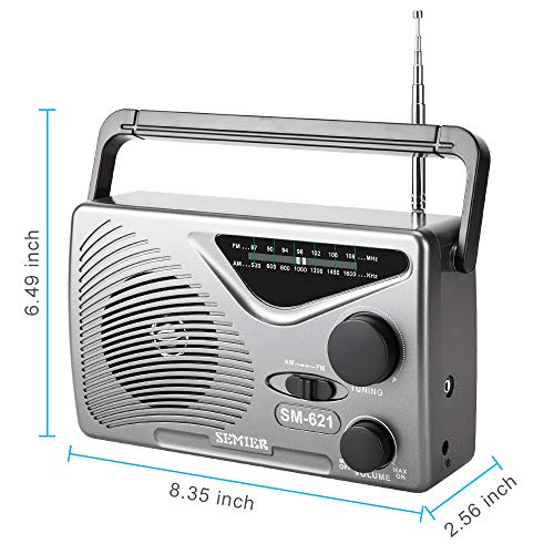 SEMIER AM FM Portable Radio, AC Power or Battery Operated by 2xD Cell Batteries Compact Transistor Radios, Big Speaker, Standard Earphone Jack and Large Knob (Battery not Included)