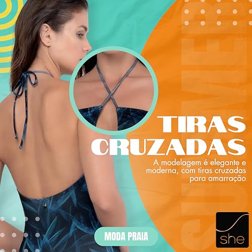 Maiô Estampa Exclusiva Ráfia Folhagem She by Mash Feminina – Moda Praia 2024, Preto, G