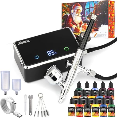 XDOVET Airbrush Set mit Farblack 16 Farben/ 20ml, Verbessertes 32 PSI Dual-Action Airbrush Set mit Modellbau Farbstoffe, Tragbares mit Kompressor für Färbung